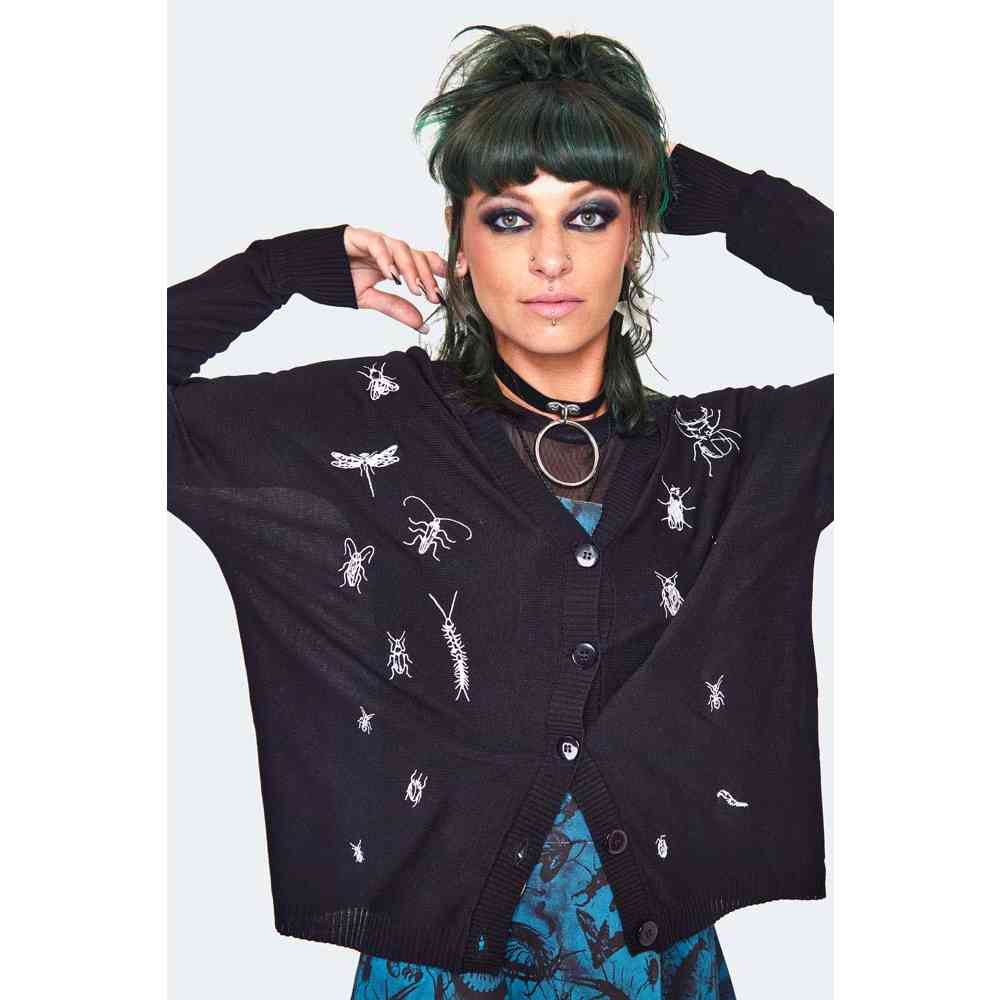 Jawbreaker - Insect Embroidered Slouchy Cardigan - Zwart